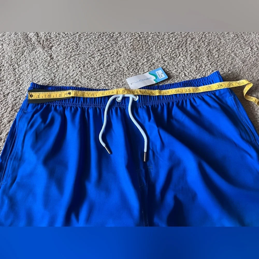 NWT LUCOWEE Mens Swim Trunks with Compression Liner Anti Chafe Sz XL Blue White